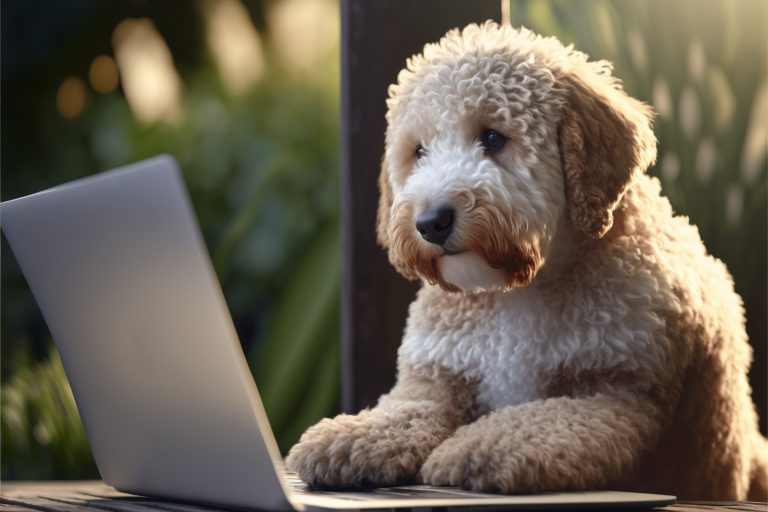 Golden doodle puppy typing on a laptop